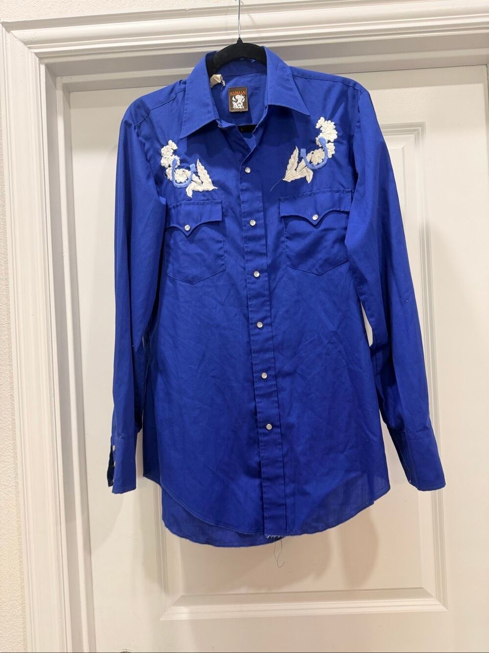 Vintage Karman Blue Embroidered Floral Pearl Snap Western Shirt Size S Small